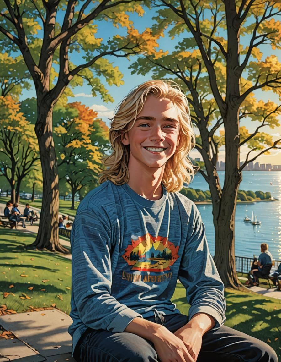 Teenager Smiling by Lake Michigan in Comic Book Art