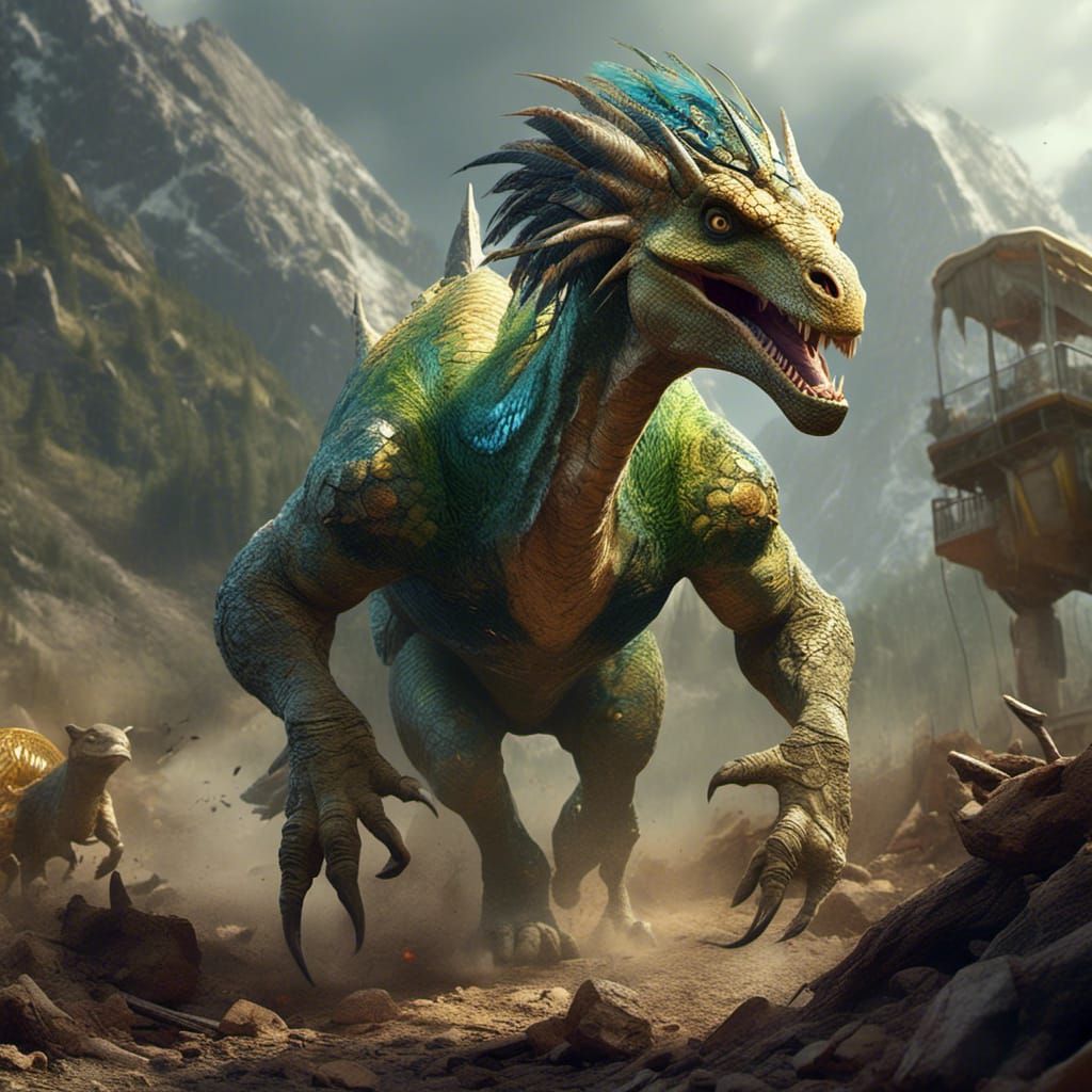 Colorful Hybrid Dinosaur in Futuristic Savanna