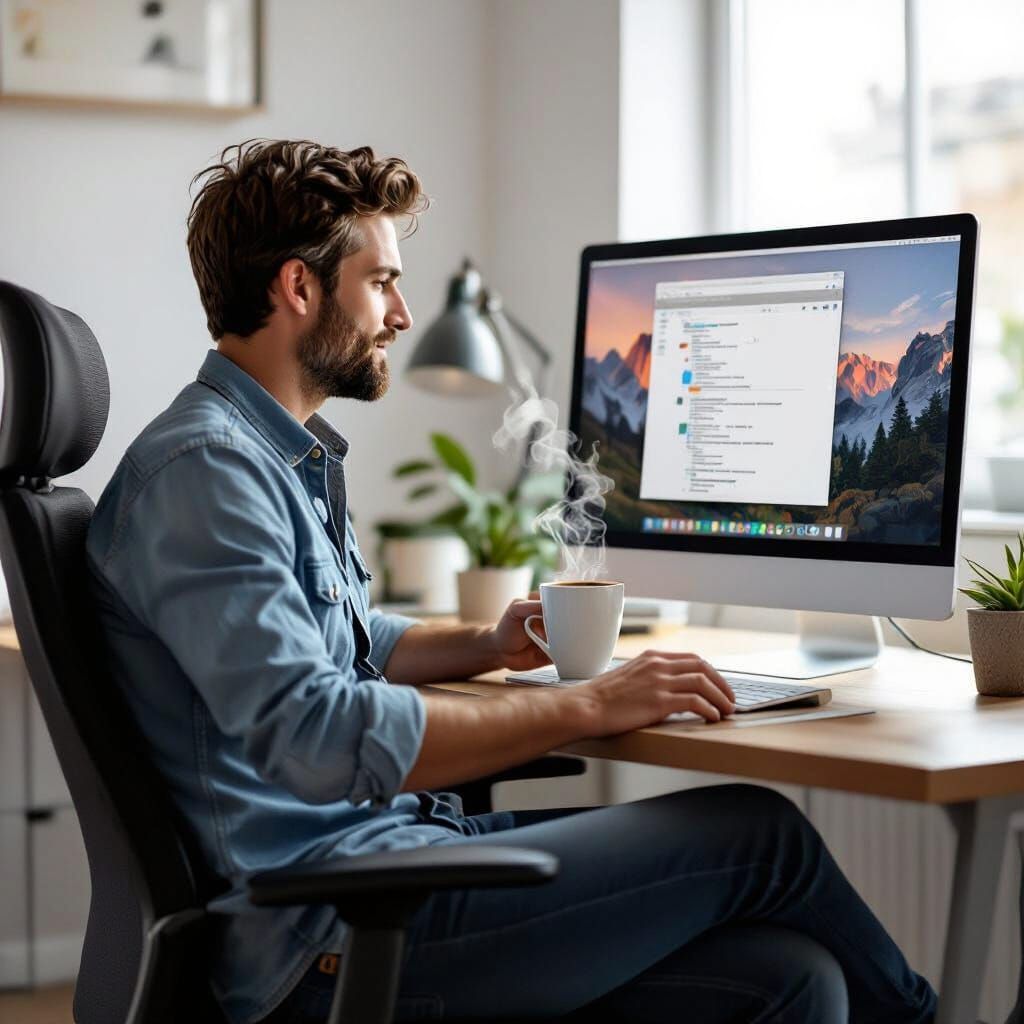 Man Browsing in Cozy Office: Digital Painting