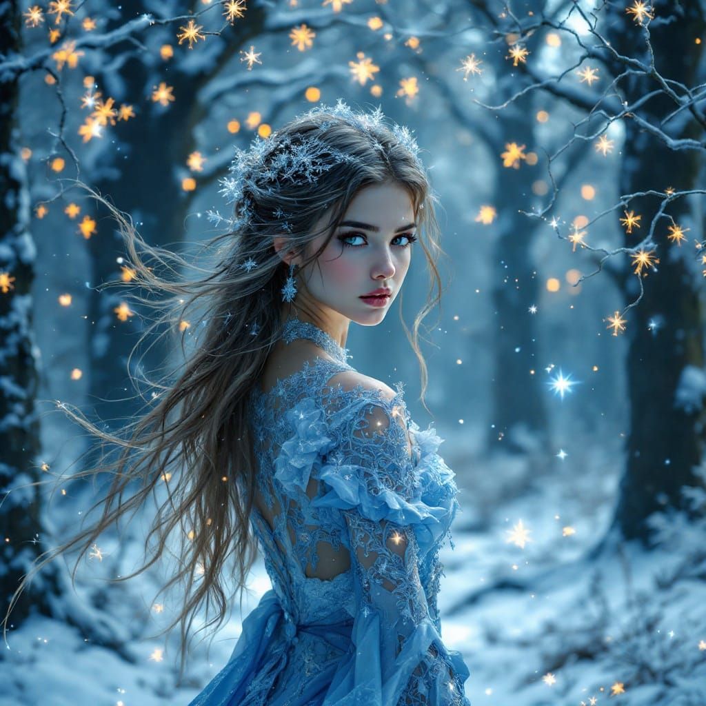 Mystical Winter Goddess in Ethereal Landscape