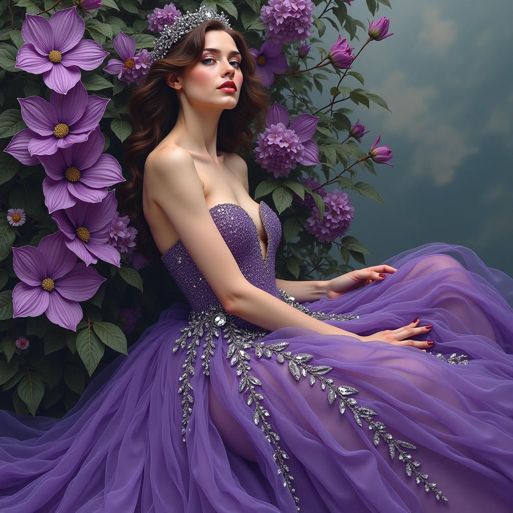 Regal Woman in Purple Petals, Mucha-Inspired Art