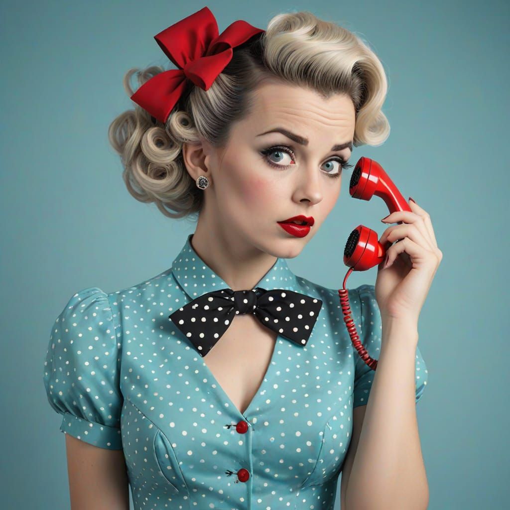 Frustrated Woman in Retro Outfit with Red Phone