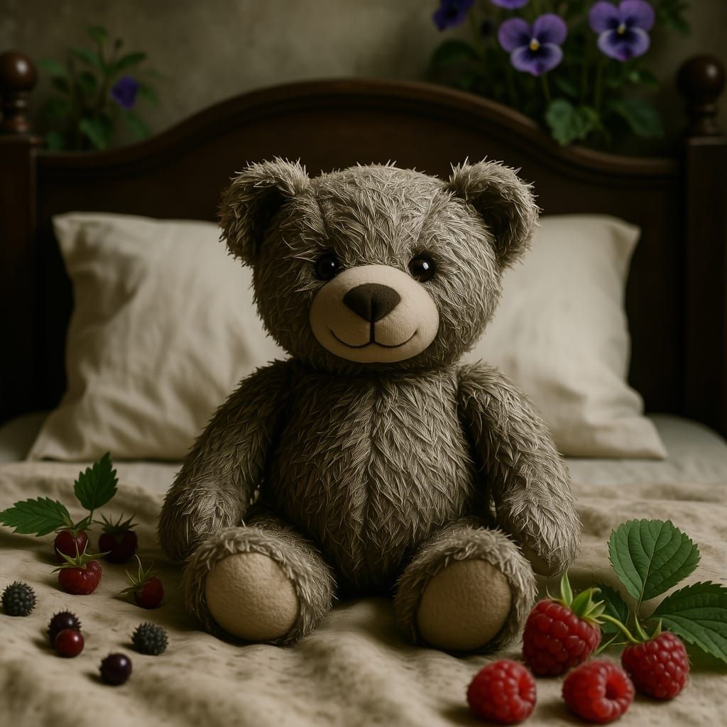 A teddy bear sitting in bed. graphite, straw, inky, clear, pure, precise, great structure, weighty palate, brilliant aci...