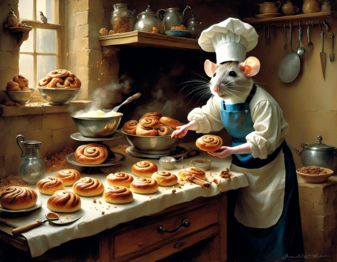 little rat baker, making cinnamon buns