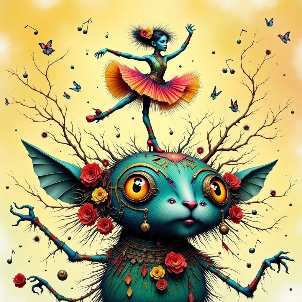 Dancer on Mechanical Creature in Whimsical Style