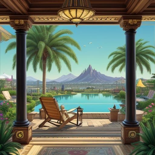 Wealthy Sloth Enjoys Coffee in Opulent Backyard Oasis