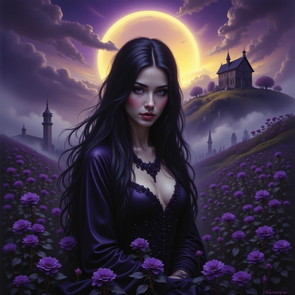 Dark Fantasy Princess in a Field of Black Roses Amidst a Sol...
