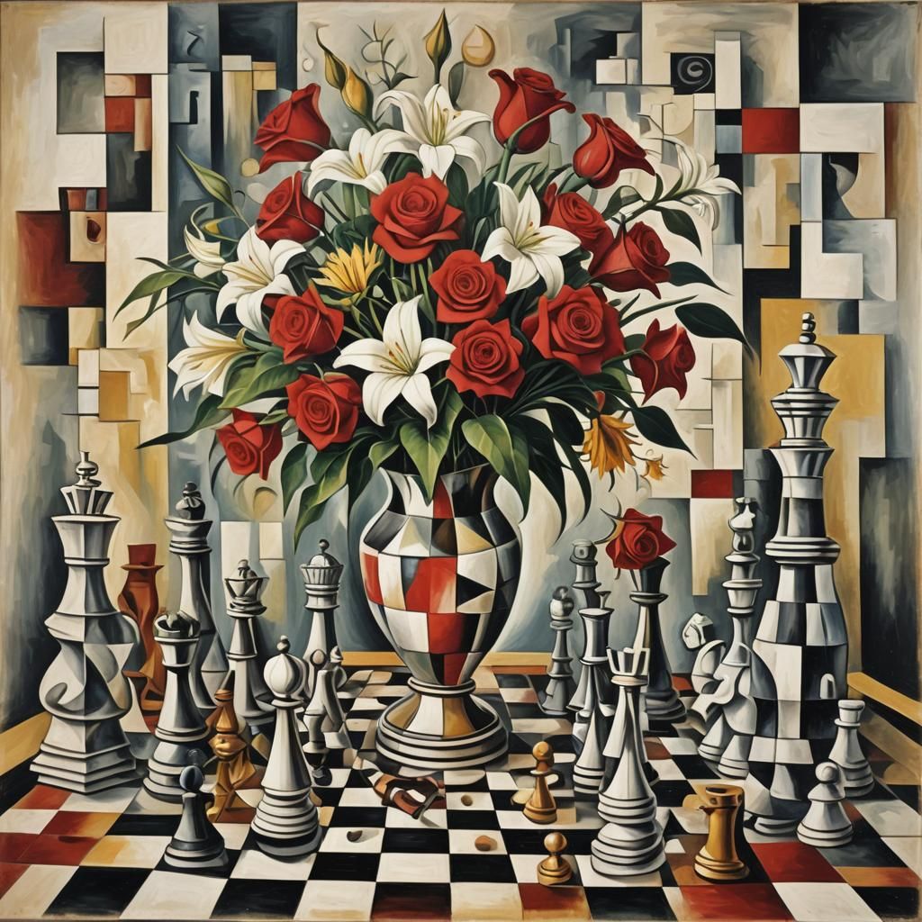 Floral and Chess Still Life in Cubist Style