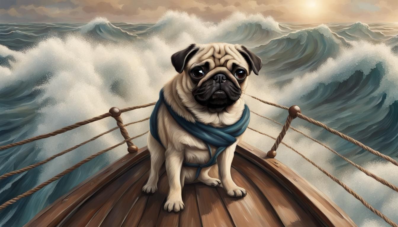 Pug on Ship Bow Navigating Ocean Waves