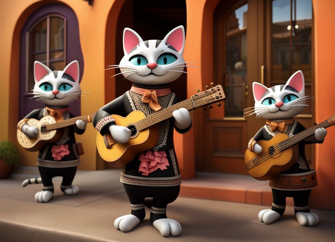 Cat Mariachi Band Outside Taverna in 3D CGI