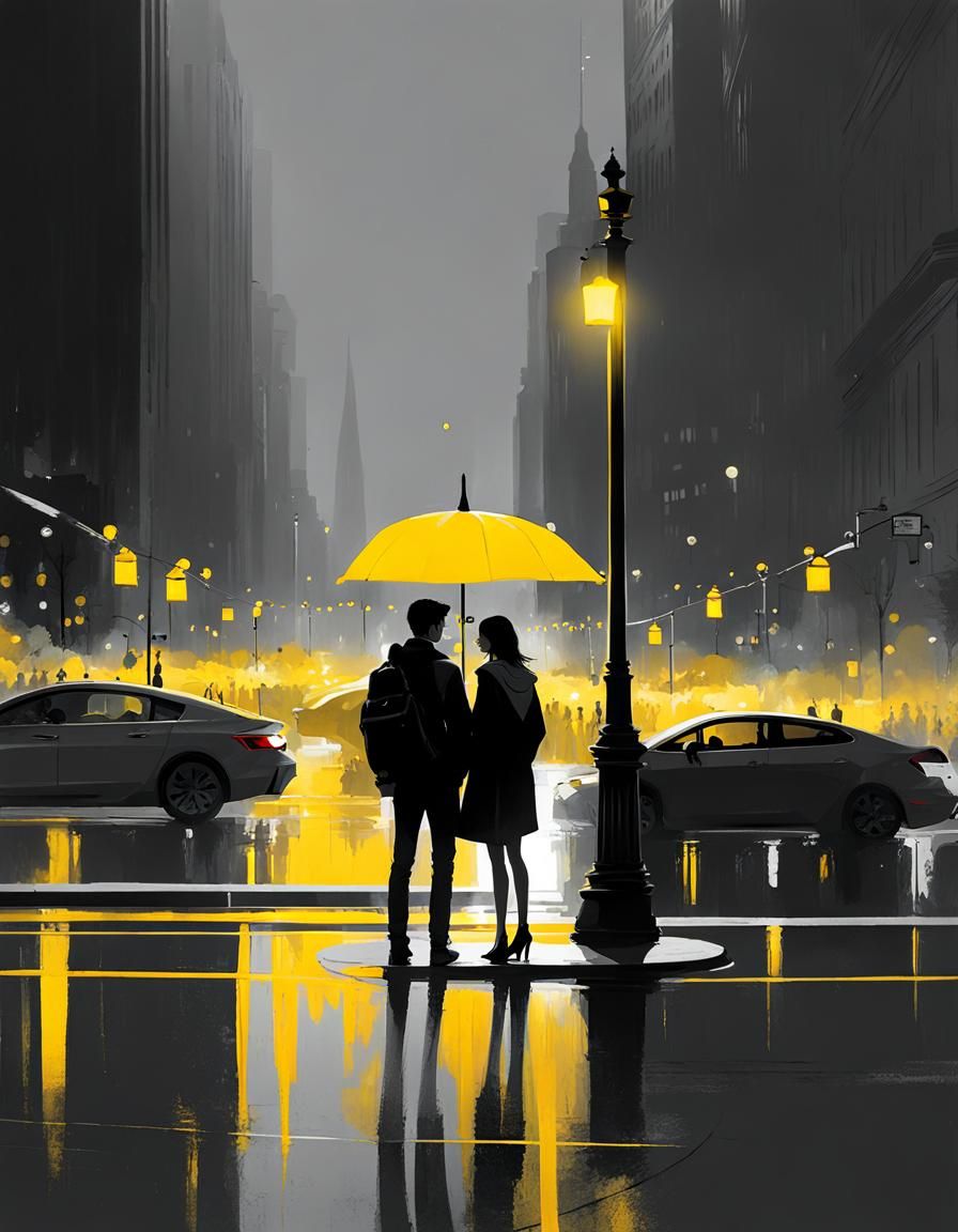 Grayscale Couple Portrait Under Yellow Streetlamp