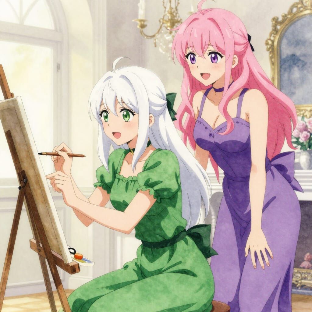 Anime Art: Women Painting in Festive Studio
