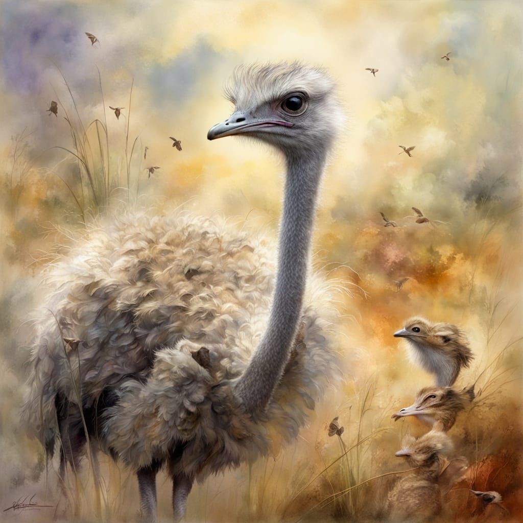 Ostrich and Mouse on Savannah in Impressionist Style