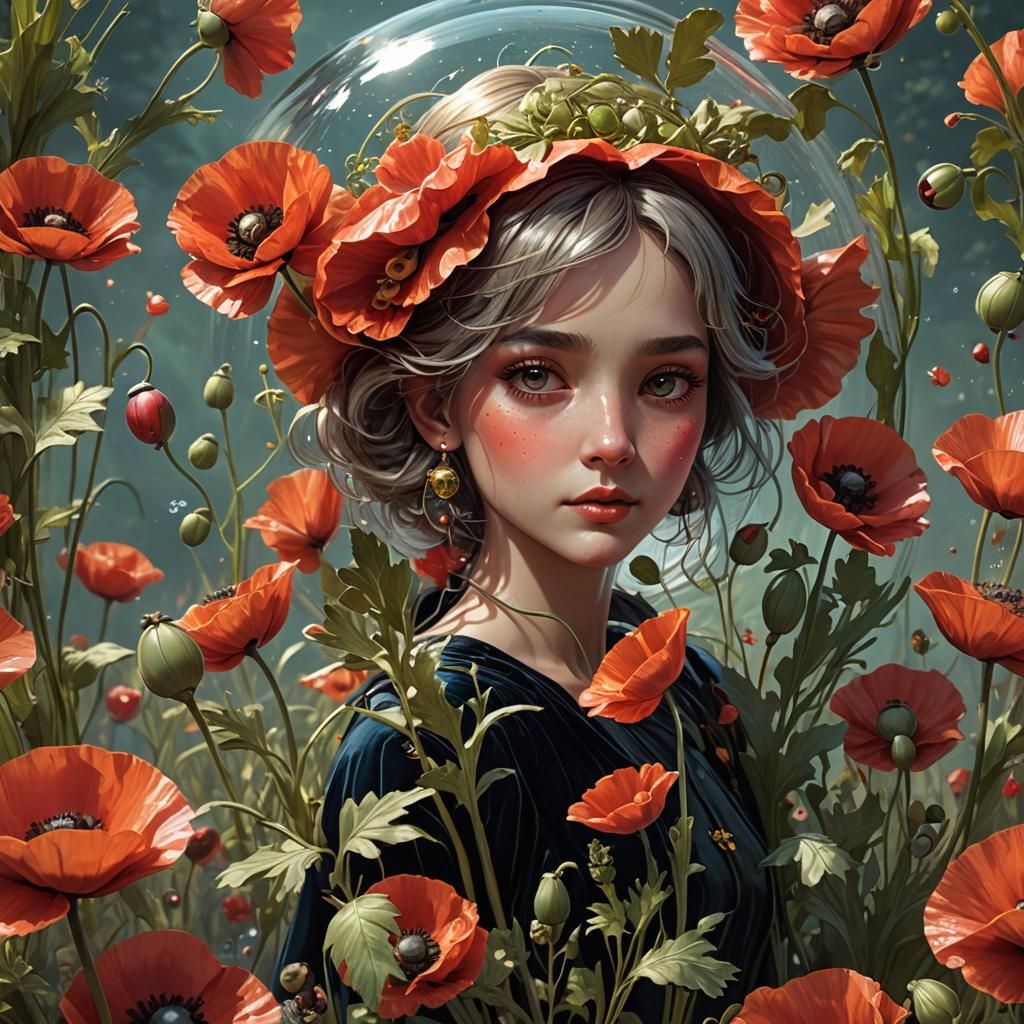 Blooming Poppy with Insect, 3D Rendered