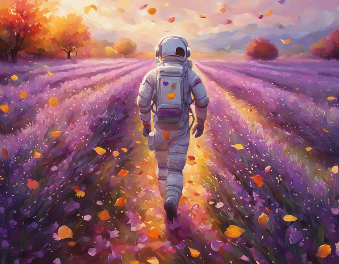 Astronaut in Whimsical Autumn Landscape, Oil Painting