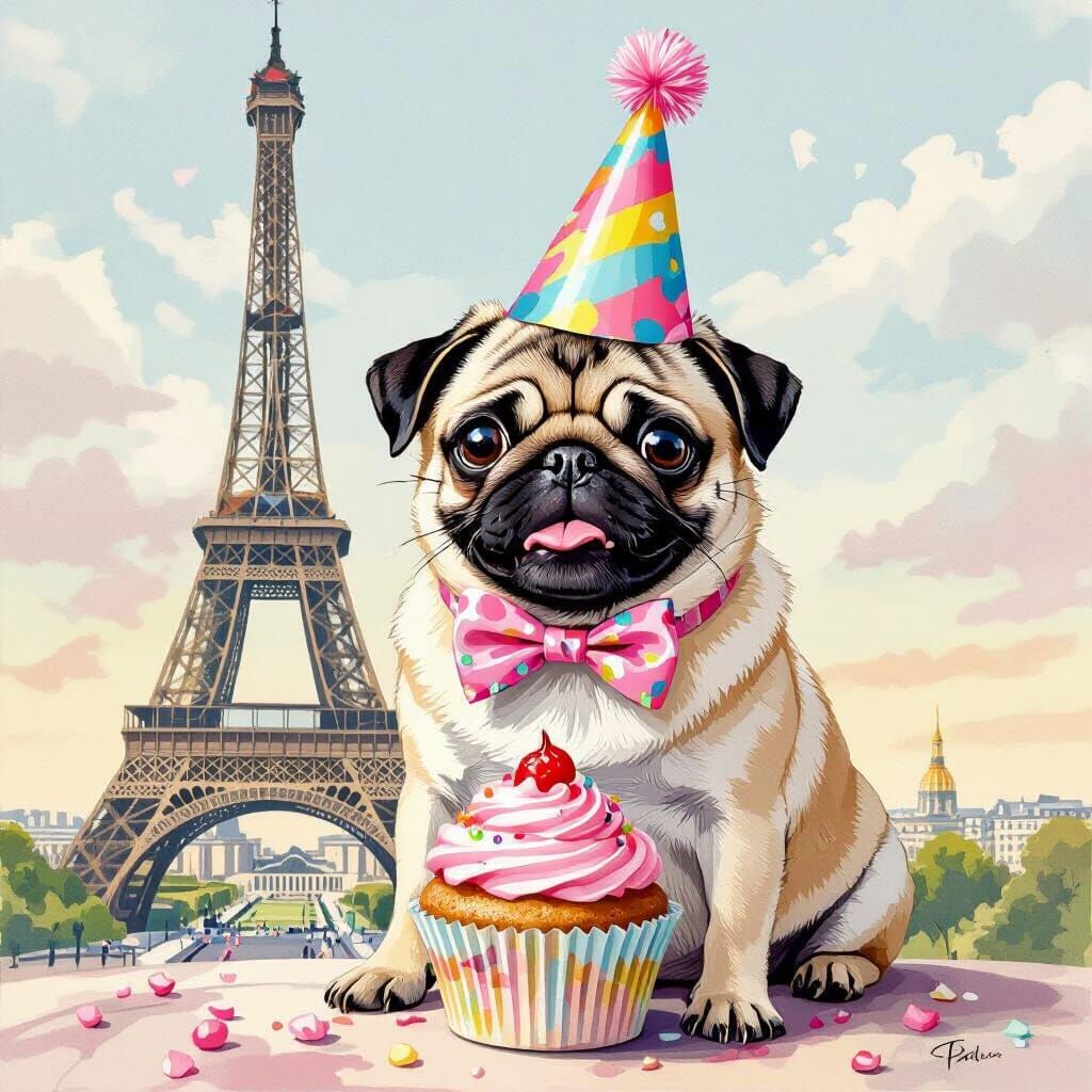 Pug Celebrates with Cupcake near Eiffel Tower