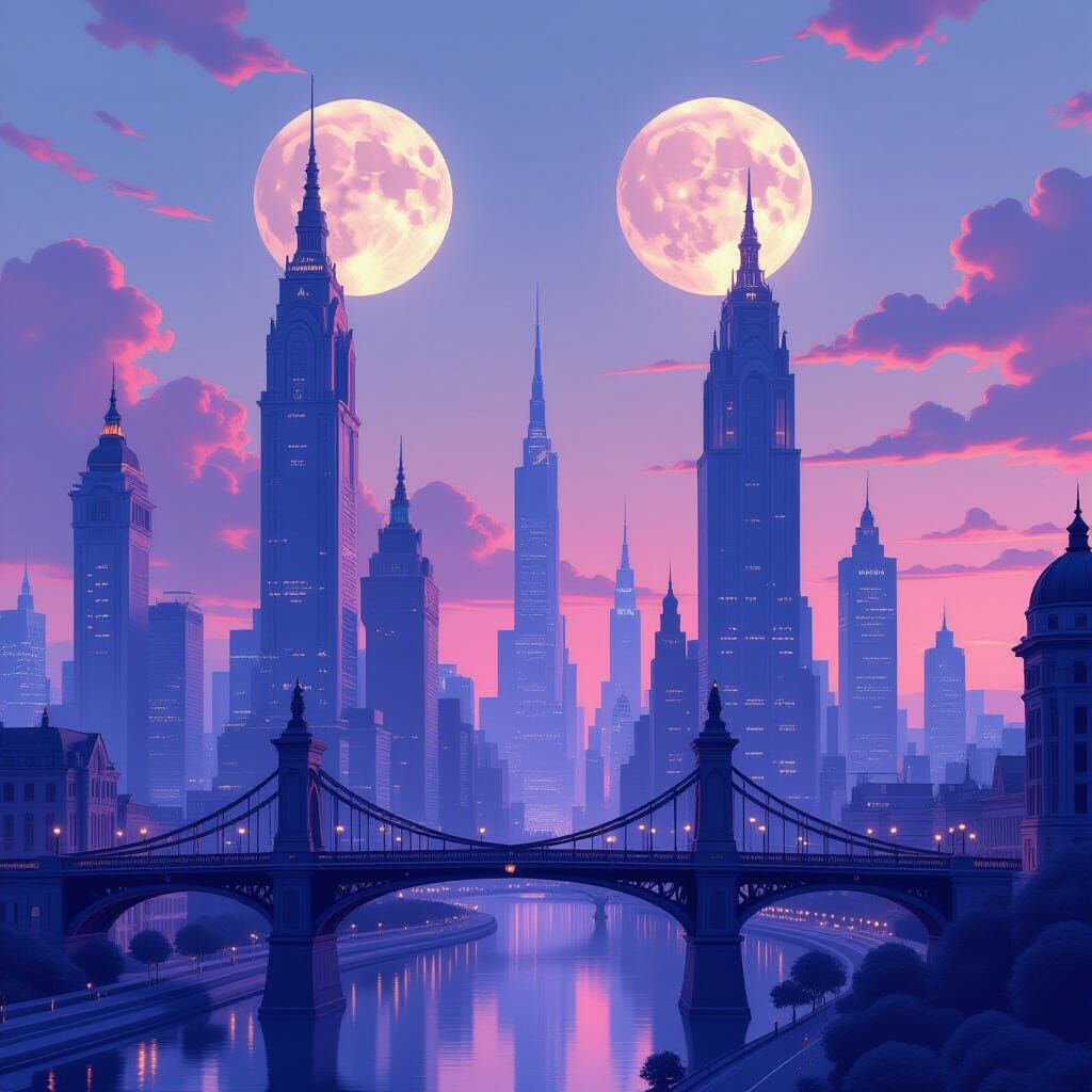 Futuristic Cityscape Under Double Moon Glow