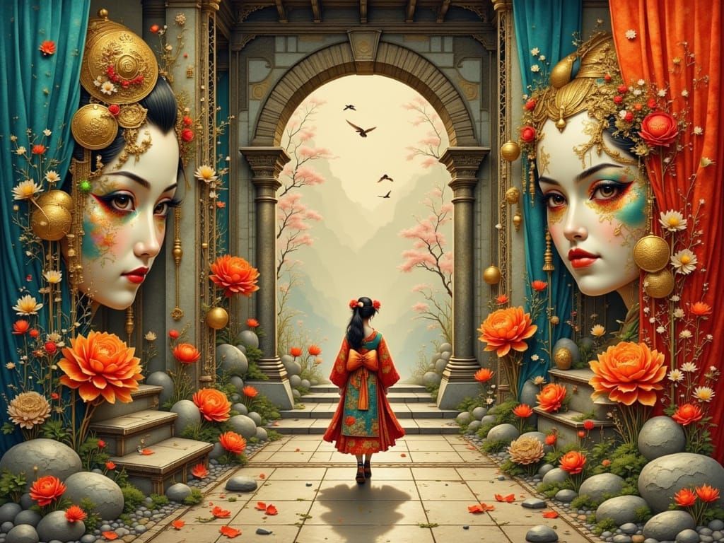 Chiyoko Approaches Kabuki Masks in Vibrant Silk Hall