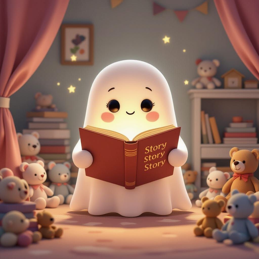3D Ghost Reads Bedtime Story in Cozy Bedroom