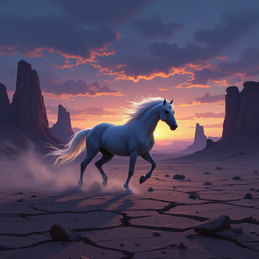 Spectral Stallion Gallops Through Cracked Desert in Twilight