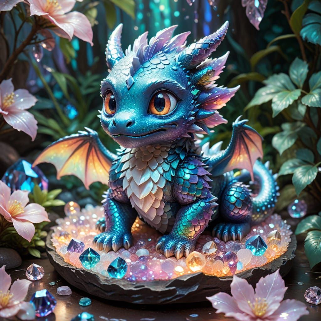Chibi Dragon on Iridescent Crystals in Ghibli Style