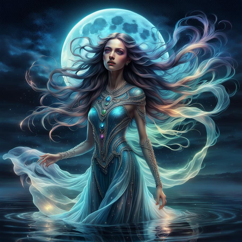 Spectral Woman Under Starlight: Hyperrealistic Digital Art