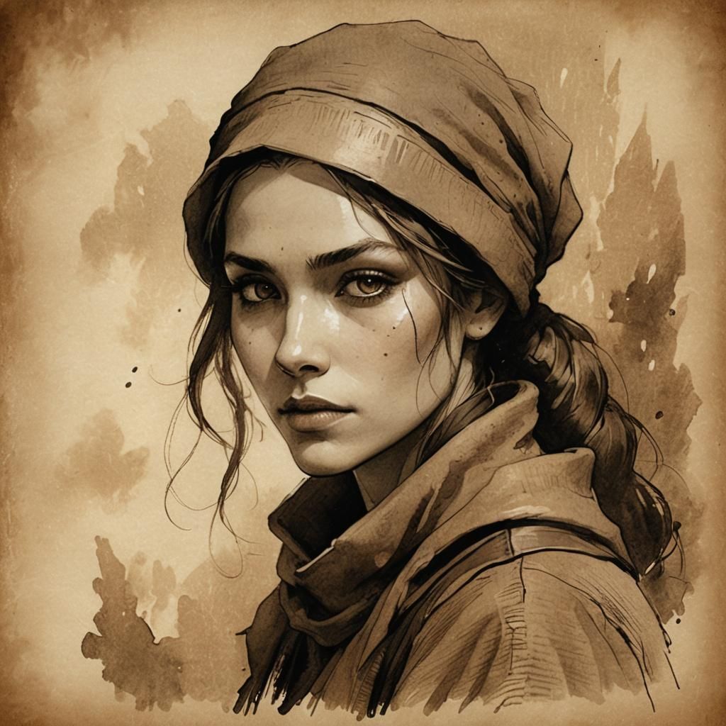 Sepia Sketch of Lyrienna, Female Rogue Character