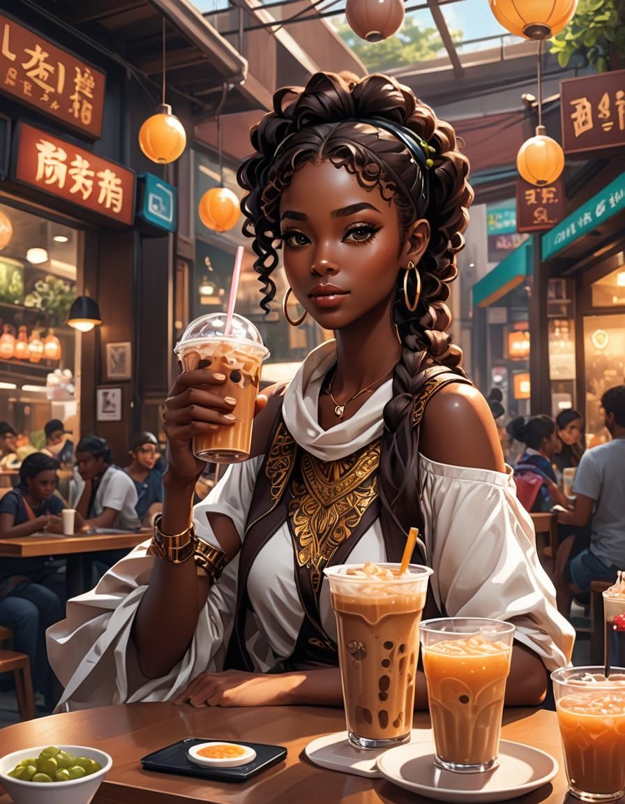 Anime Girl Drinking Bubble Tea in 2D Game Art