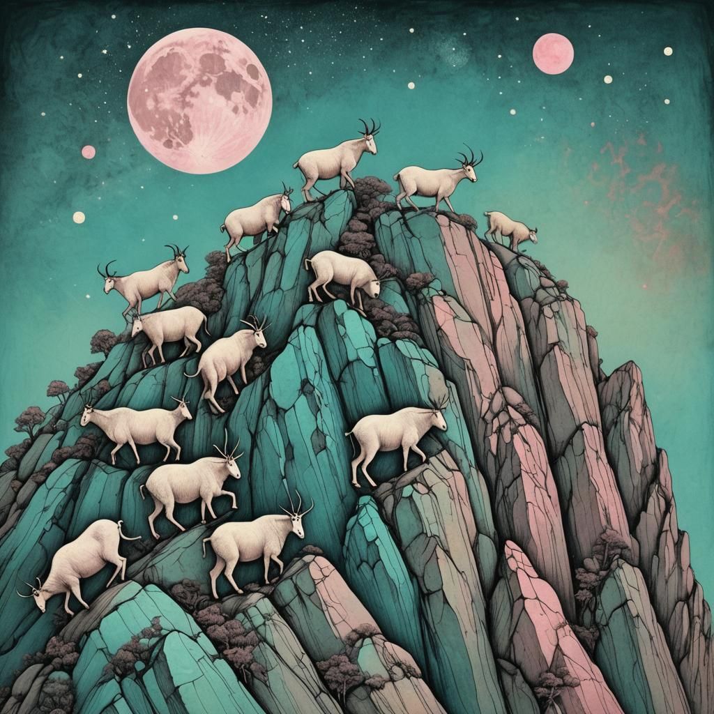 Whimsical Mountain Goats in Fauvist Style