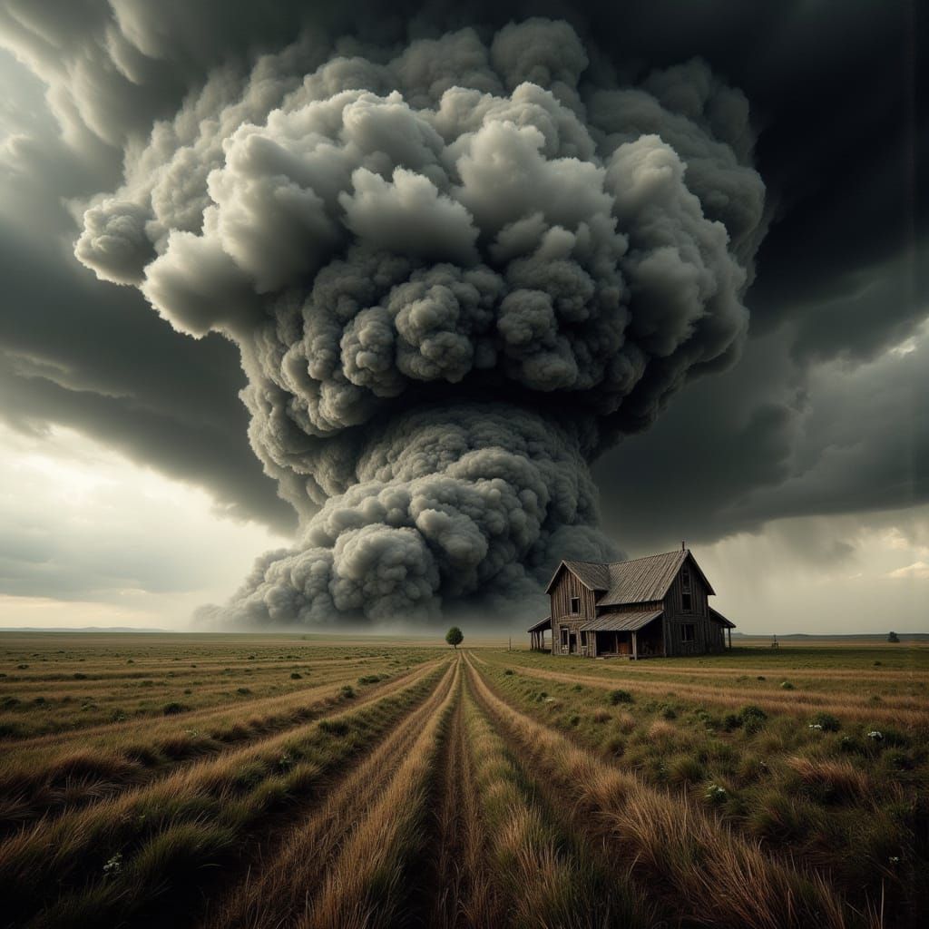 Majestic Thundercloud Descends on Weathered Farmhouse