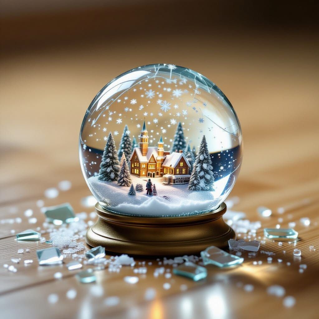 Broken Snow Globe on Wood Floor with Miniature Details