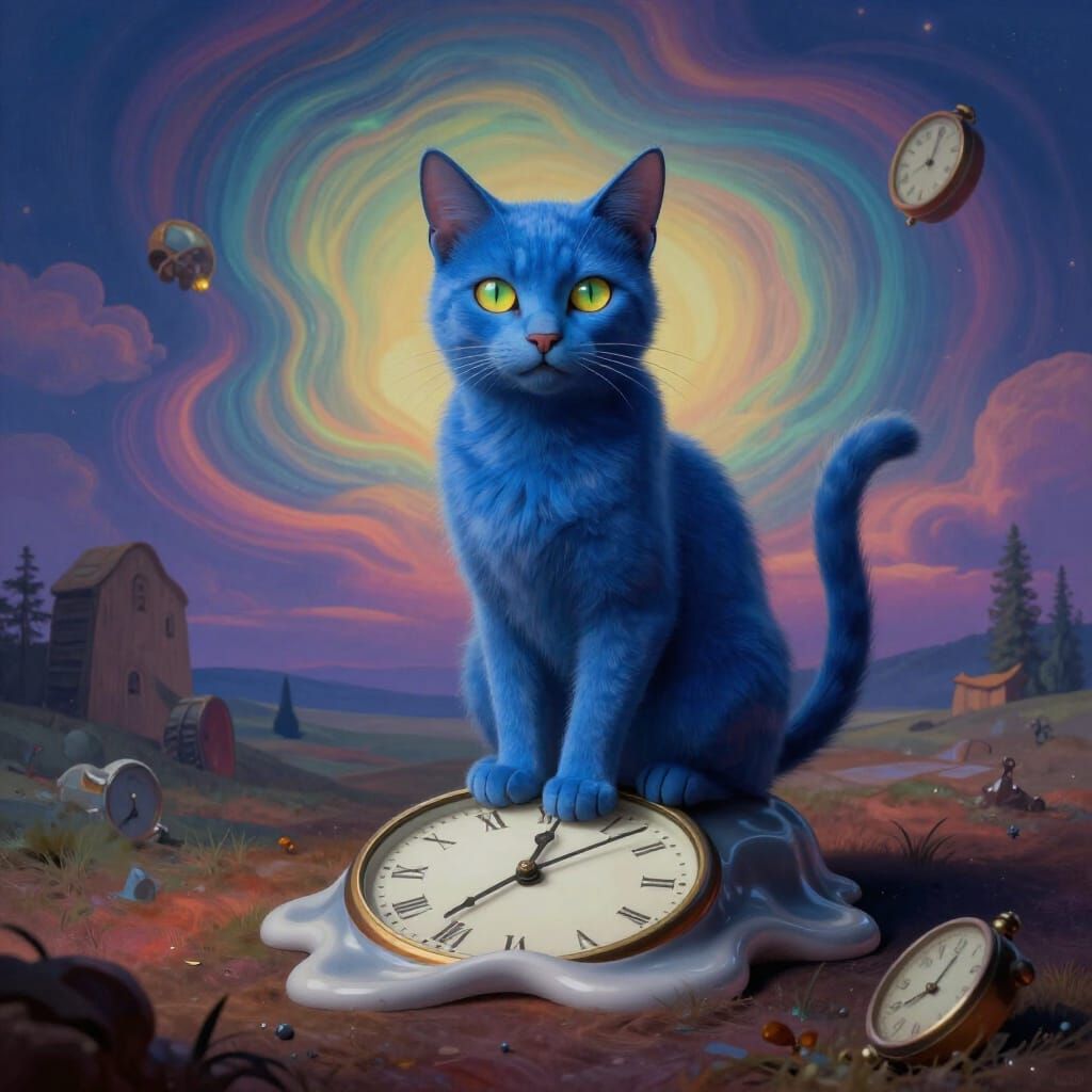 Surreal Blue Cat on Melting Clock