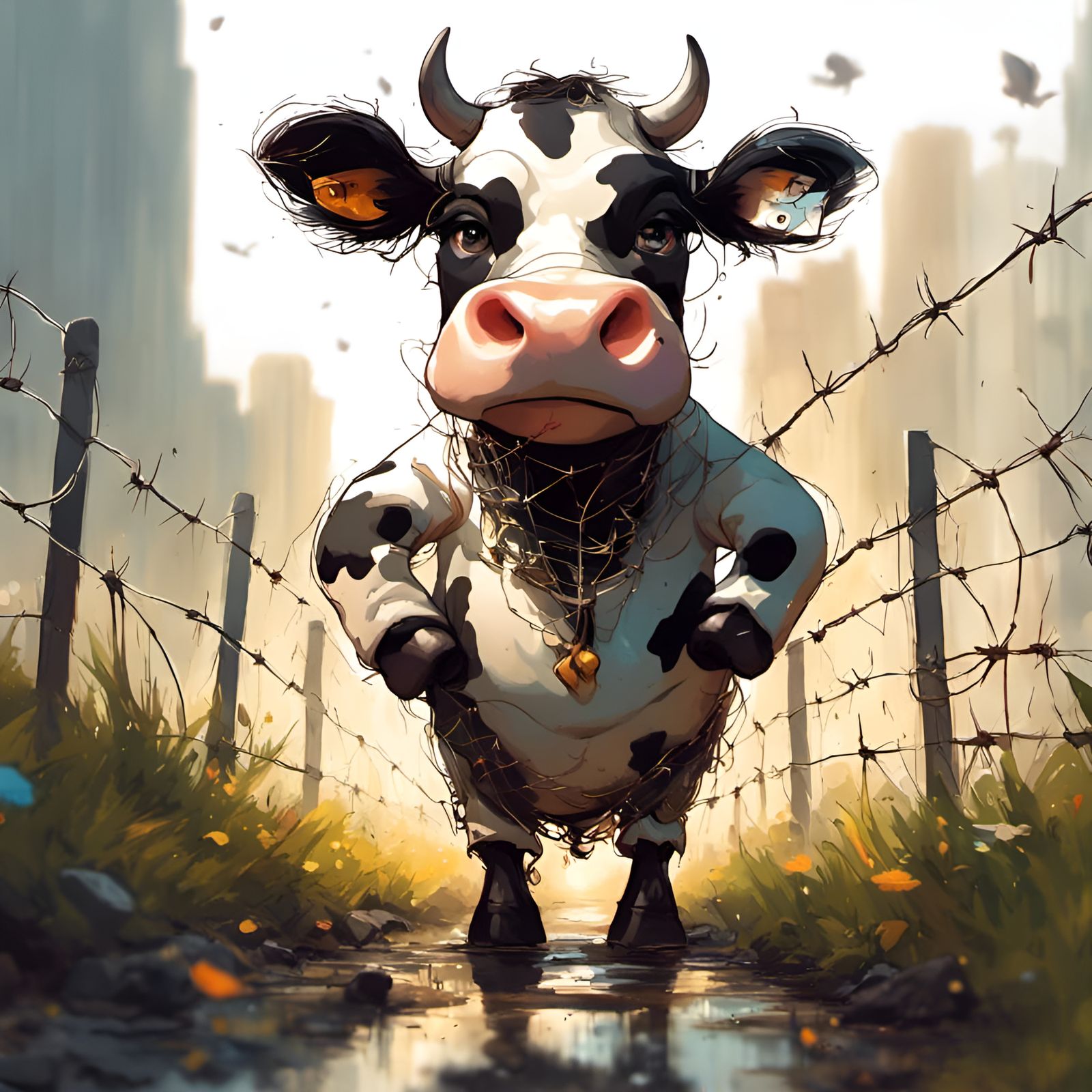 Adorable Chibi Cow by Barbed Wire Fence