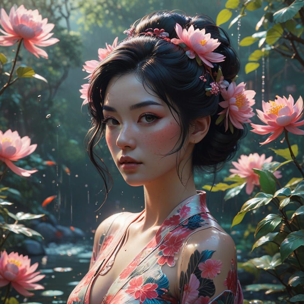 Ethereal Geisha in Whimsical Water Garden