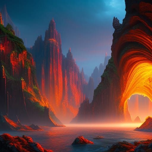 Fantastical Landscape with Dragon in Deep, Vibrant Colors