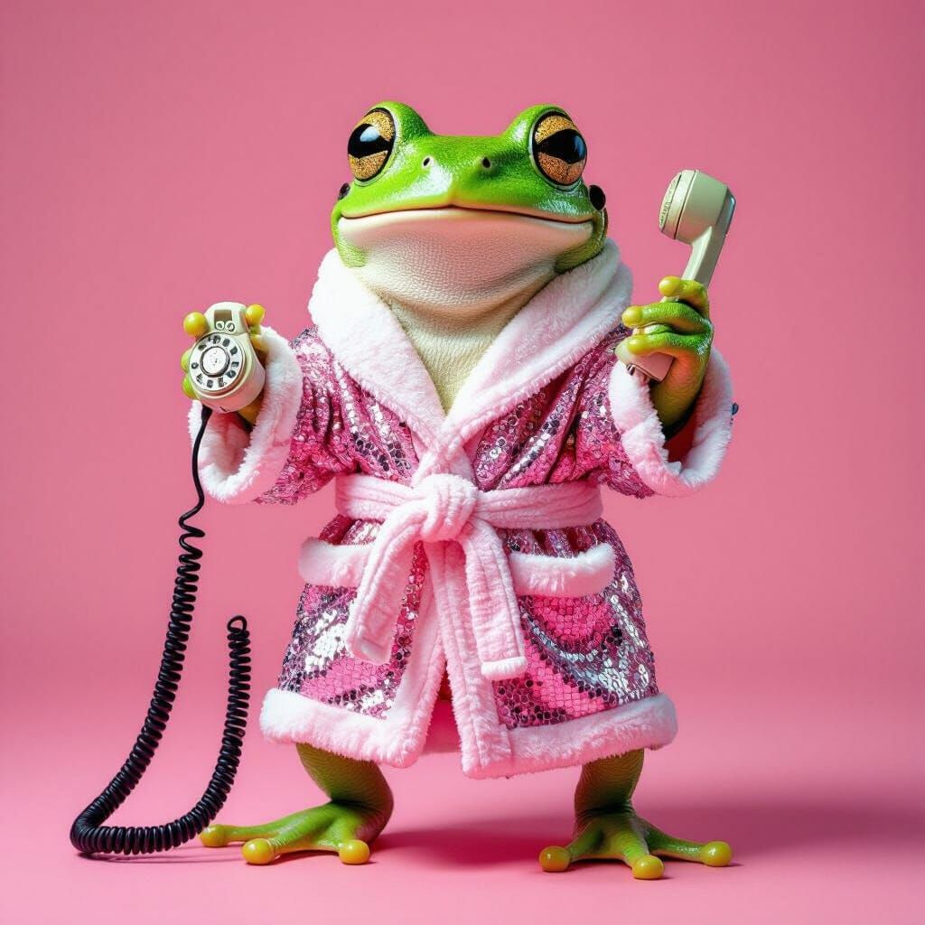 Cute Frog in Sparkling Bathrobe Poses with Telephone