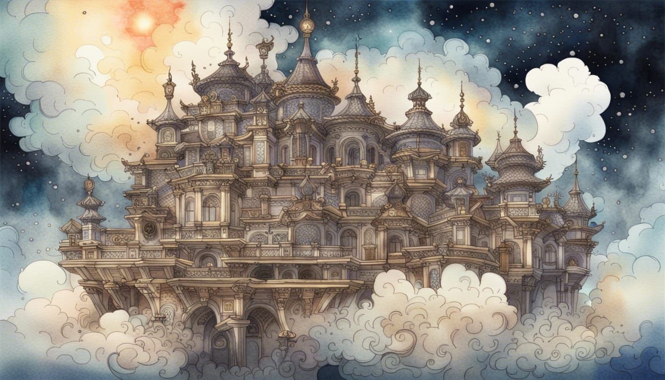 Watercolor Palace in Clouds with Starry Sky
