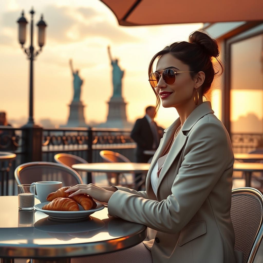 Woman Savoring Coffee and Croissants Amidst the Iconic Statu...