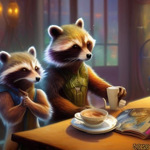 Rocket and Groot at Cafe in Paris, Hyperdetailed Art