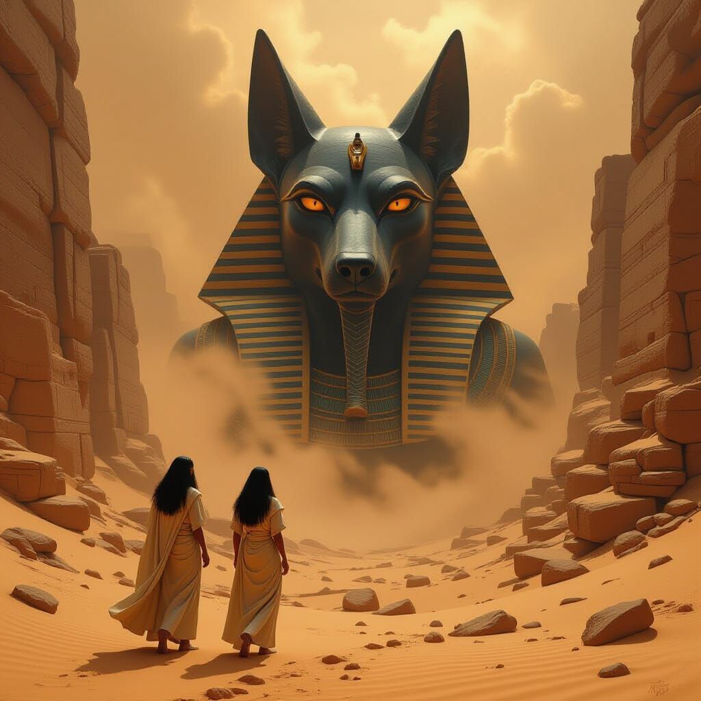 Egyptian Figures in Valley of Whispers with Sandstorm