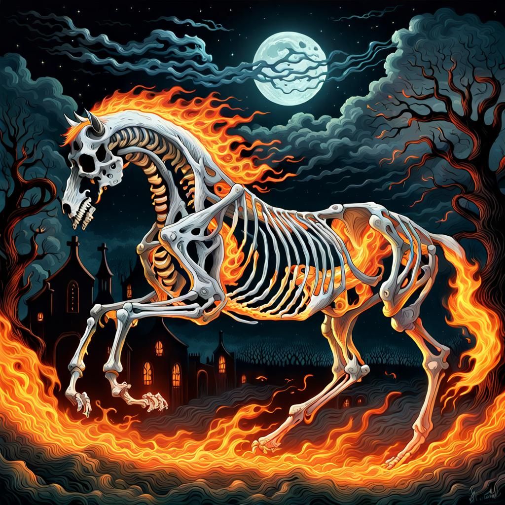 Flaming Skeletal Horse Galloping Through Graveyard