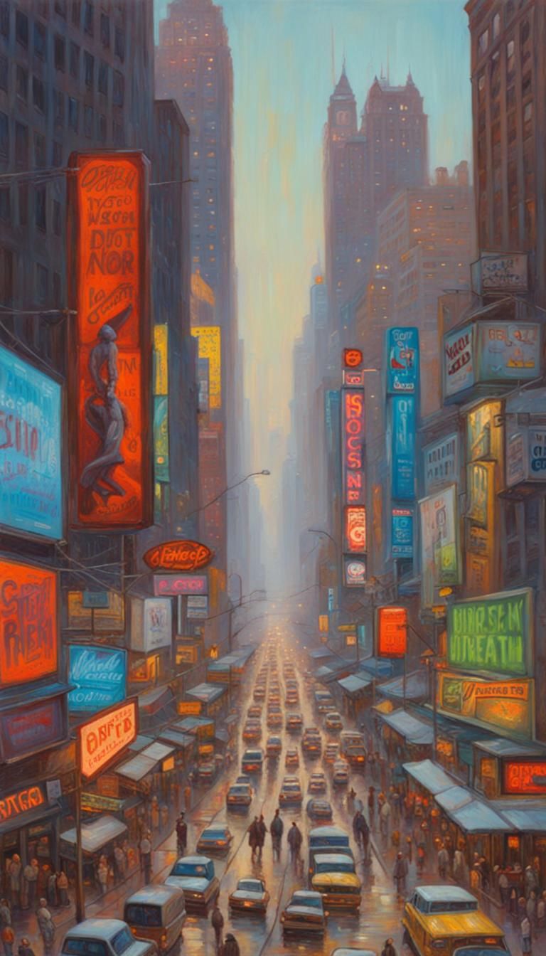 Oppressive Neon Cityscape as Oil Painting