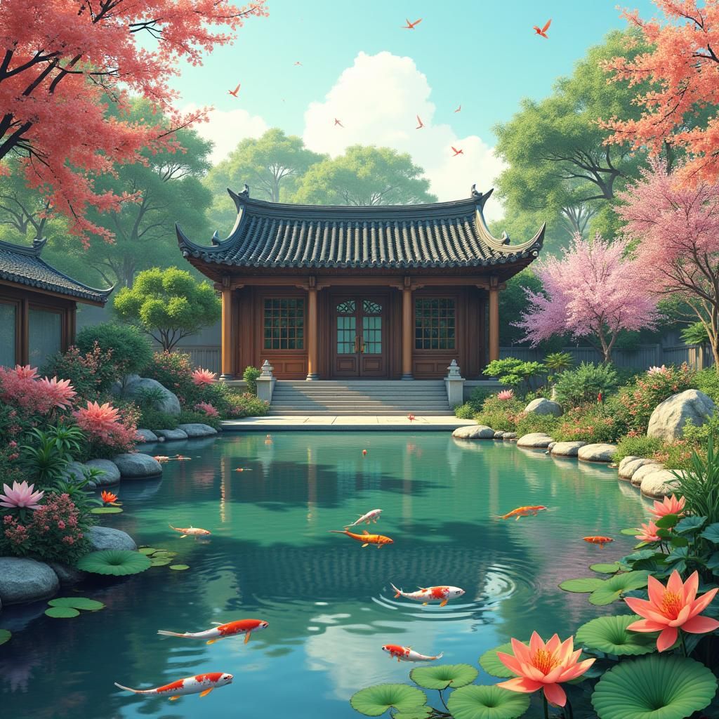 Vietnamese House with Koi Pond in Anime Style