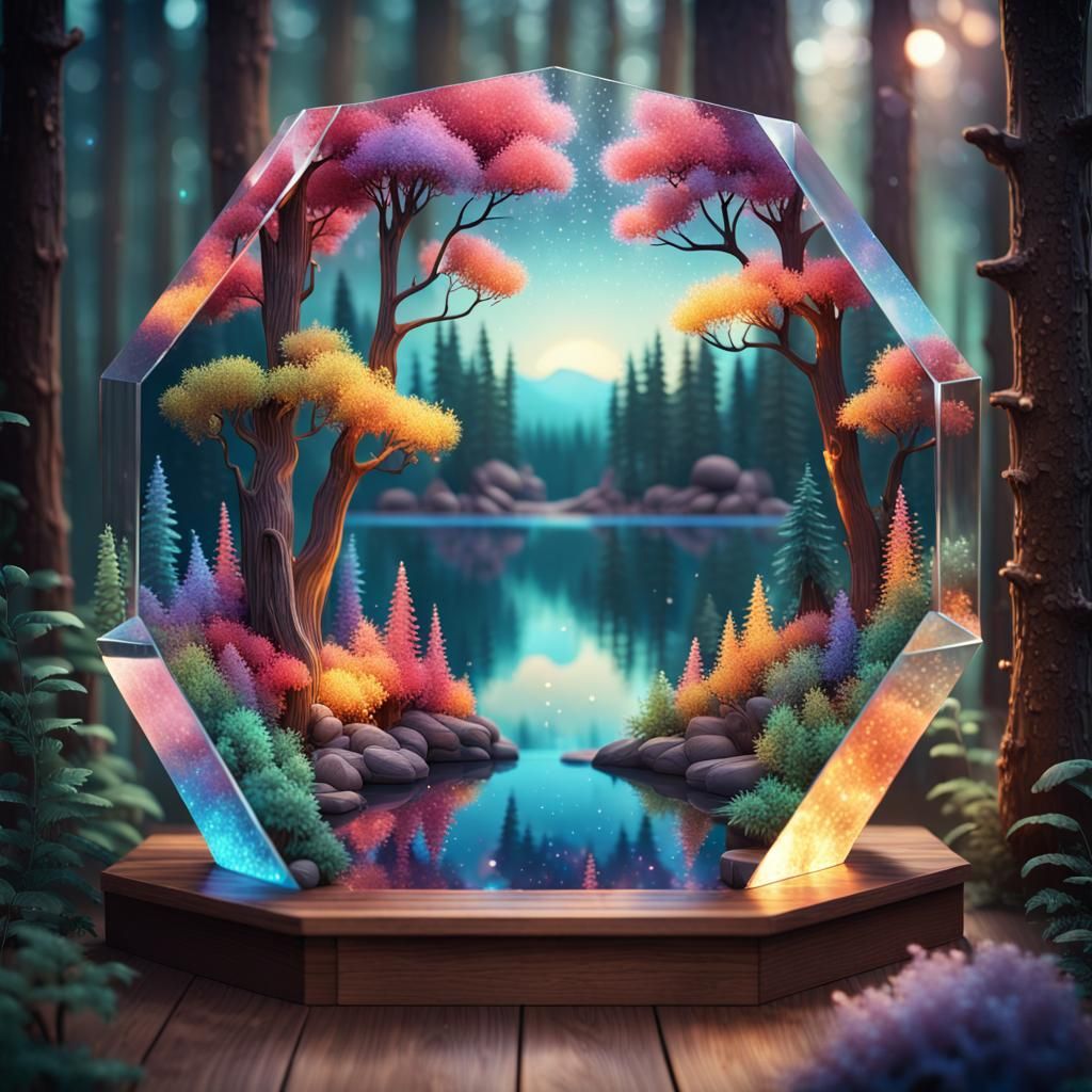 Crystal Hexagon Encapsulating a Colorful Forest at Night