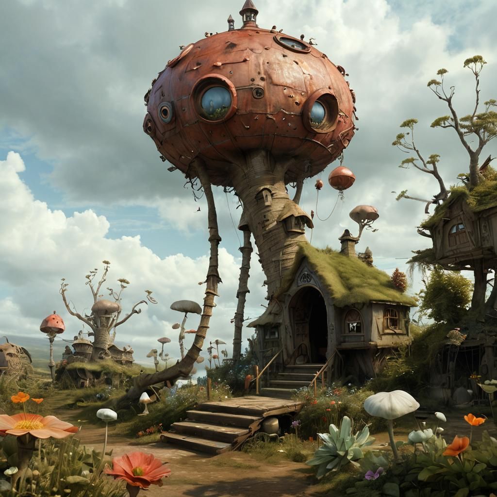 Dreamlike Landscape with Whimsical Creatures and Architectur...