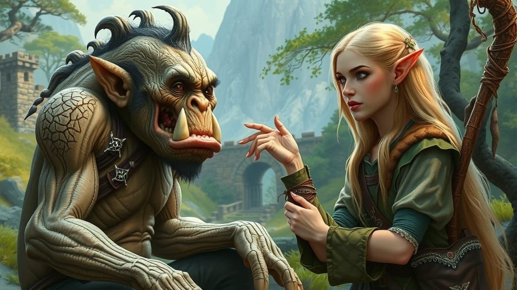 Friendly Troll Discusses with Elf Ranger Amidst Dwarven Ruin...