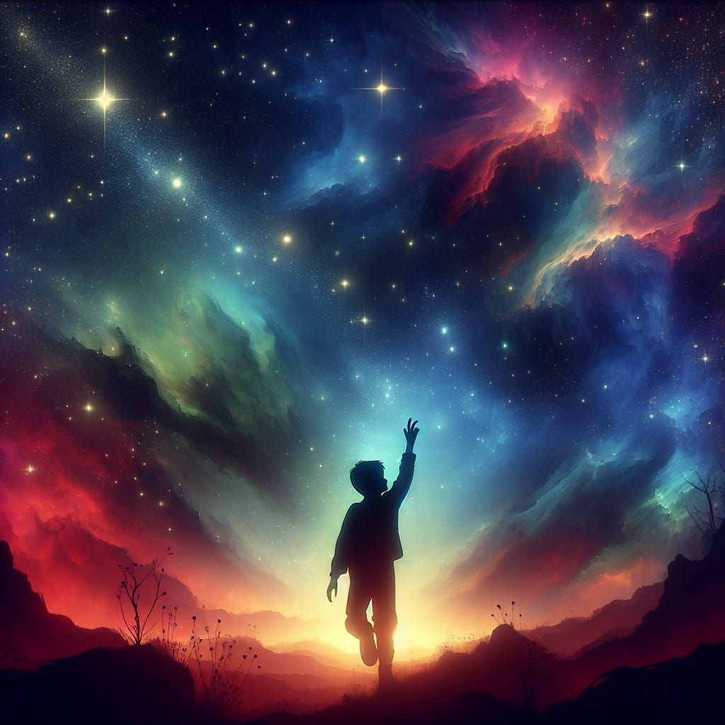 Boy Reaches for the Stars in a Cosmic, Dreamlike Landscape
