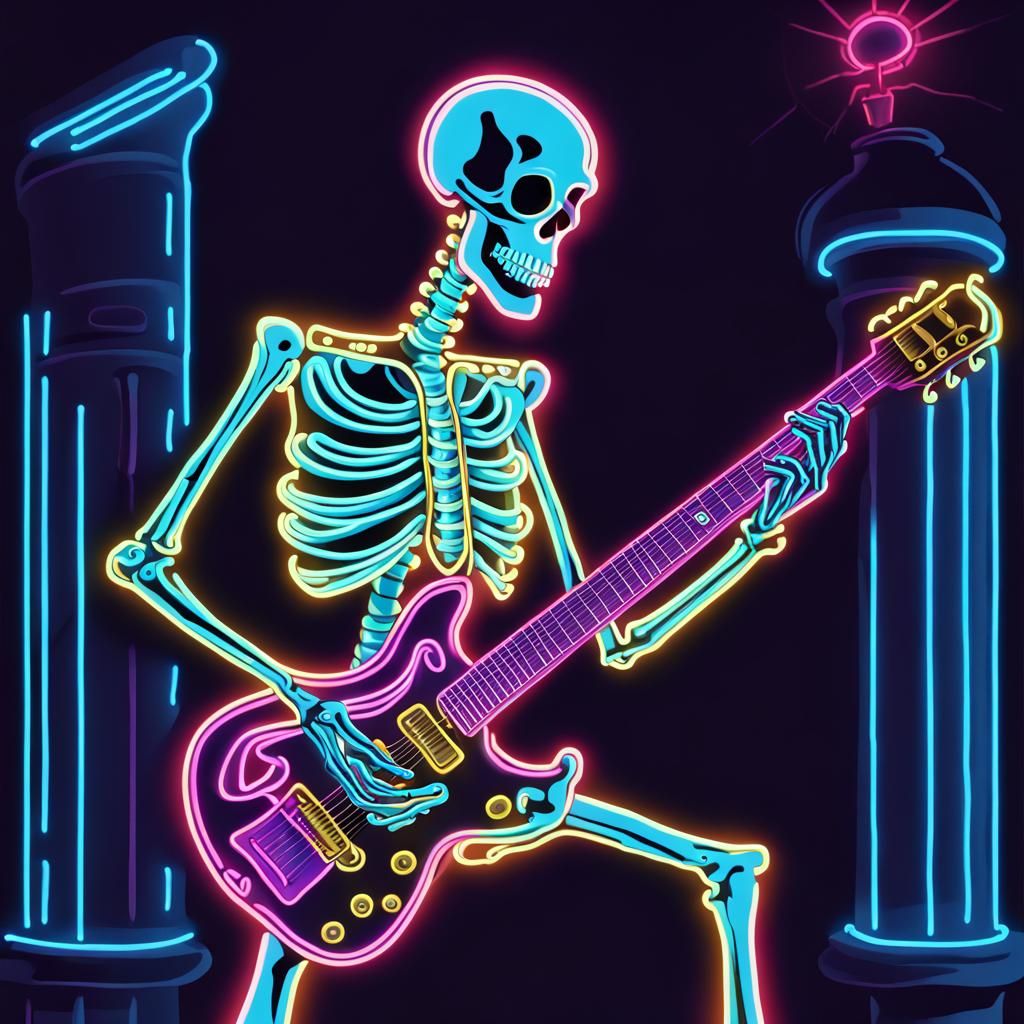 Neon illustration of a skeleton playing an electric guitar. The skeleton is not realistic, but rather stylized and carto...