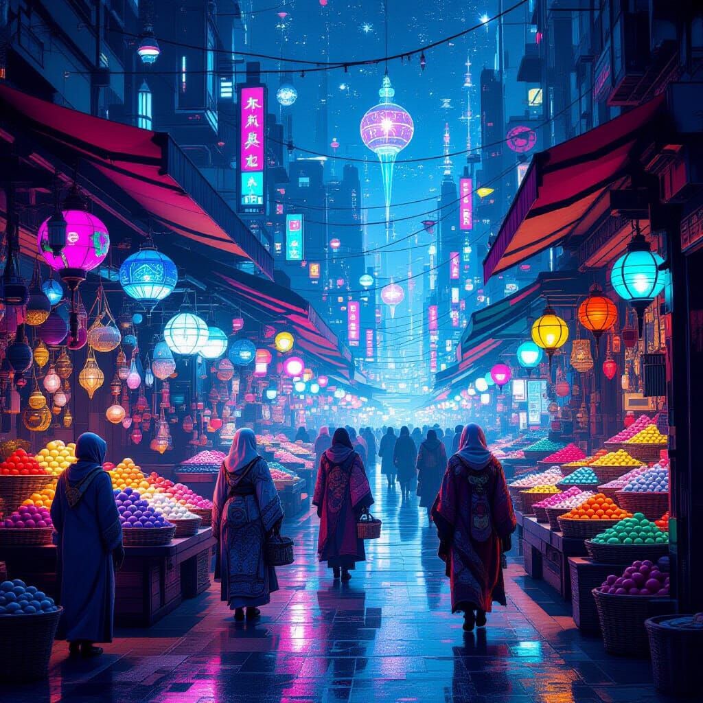Vibrant Intergalactic Marketplace in Neon-Lit Cityscape