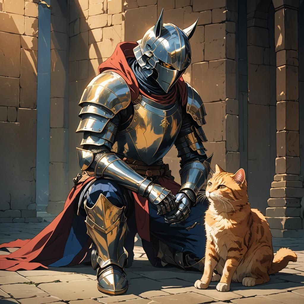 Knight and Cat in Vibrant Anime Style